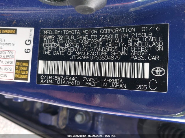 Toyota Prius Two Eco 2016 JTDKARFU7G3504879 Image 9