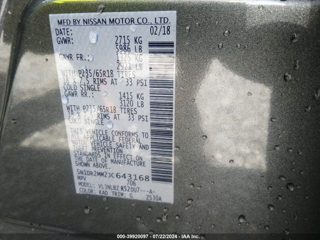 5N1DR2MM2JC643168 Nissan Pathfinder S