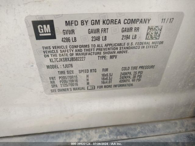 KL7CJKSBXJB582227 Chevrolet TRAX LS