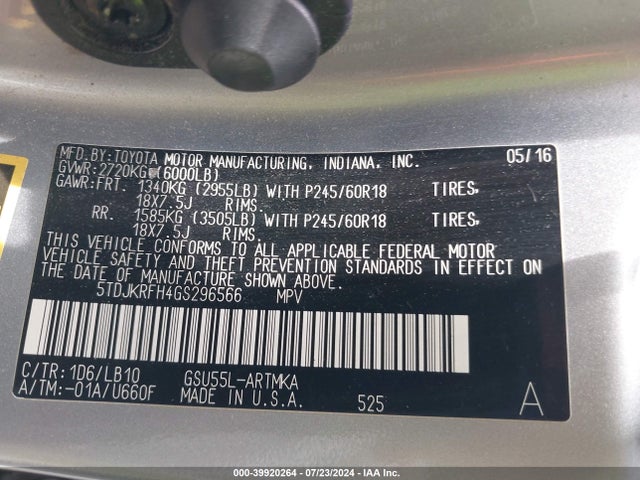 Toyota Highlander Xle V6 2016 5TDJKRFH4GS296566 Image 9