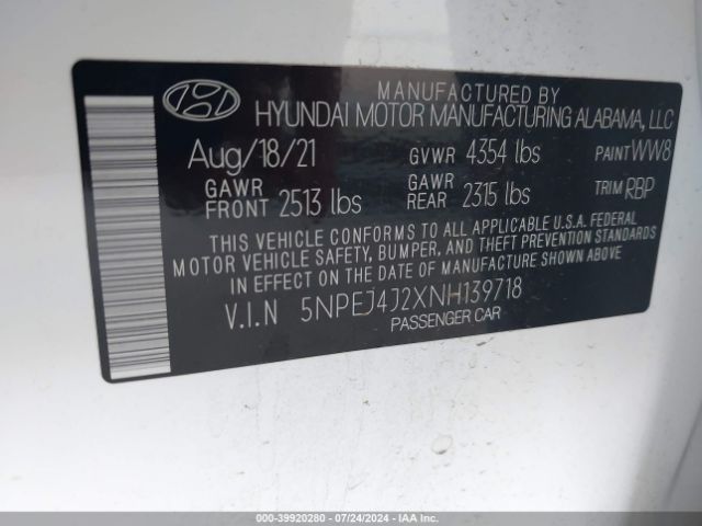 5NPEJ4J2XNH139718 Hyundai Sonata Sel Plus