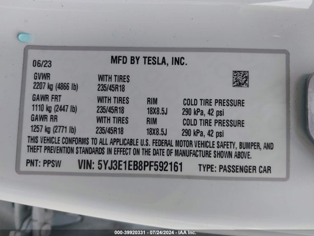 Tesla Model 3 Long Range Dual Motor All-wheel Drive 2023 5YJ3E1EB8PF592161 Image 9