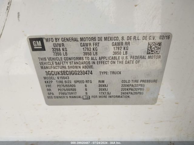 3GCUKSEC9GG230474 Chevrolet Silverado 1500 1lz