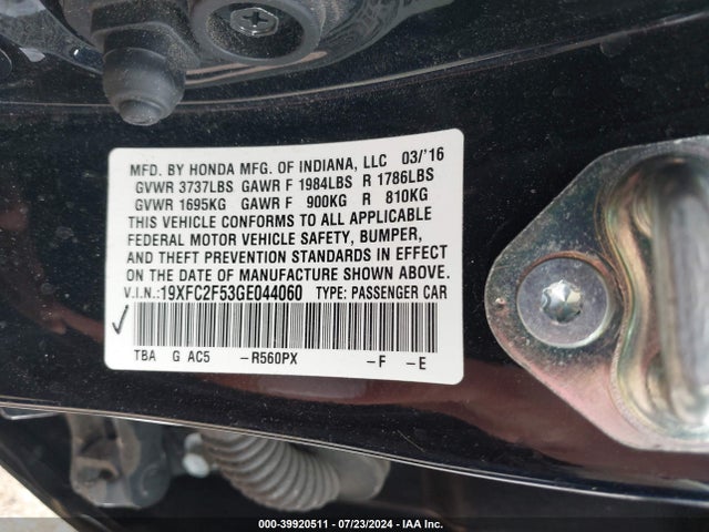 Honda Civic Lx 2016 19XFC2F53GE044060 Image 9