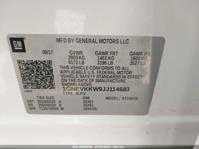 1GNEVKKW9JJ114683 Chevrolet Traverse High Country