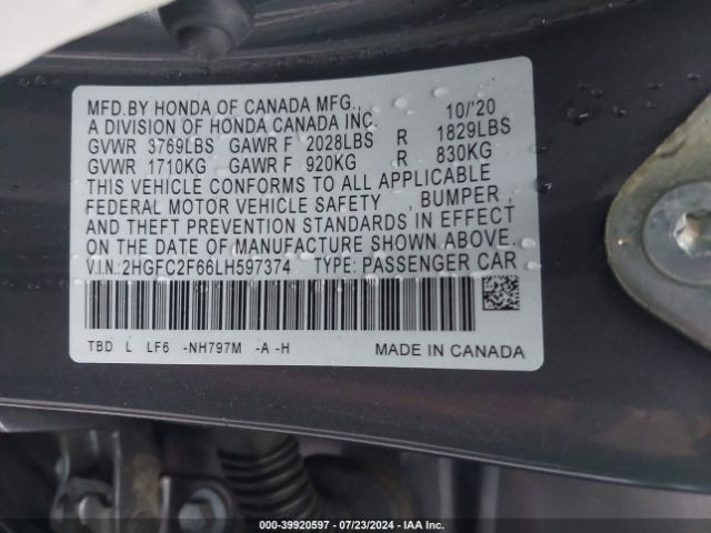 2HGFC2F66LH597374 Honda Civic Lx