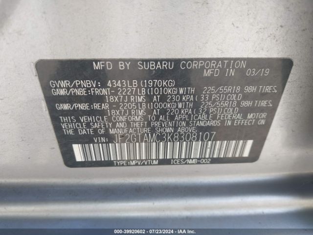JF2GTAMC3K8308107 Subaru Crosstrek 2.0i Limited