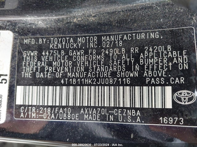 Toyota CAMRY LE 2018 4T1B11HK2JU087116 Image 9