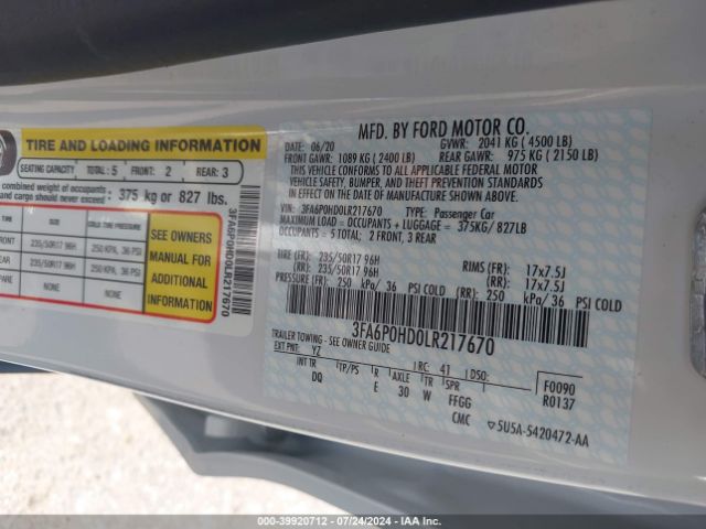 3FA6P0HD0LR217670 Ford FUSION SE