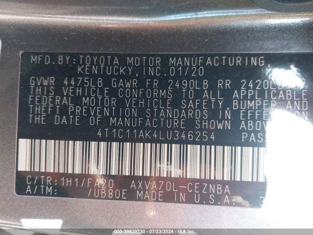 Toyota CAMRY LE 2020 4T1C11AK4LU346254 Image 9
