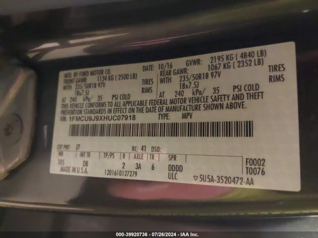 Ford Escape Titanium 2017 1FMCU9J9XHUC07918 Image 9