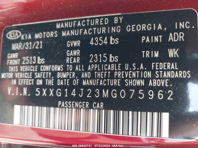 5XXG14J23MG075962 KIA K5 LXS