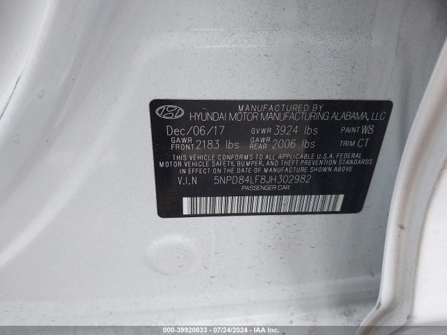 5NPD84LF8JH302982 Hyundai ELANTRA SEL