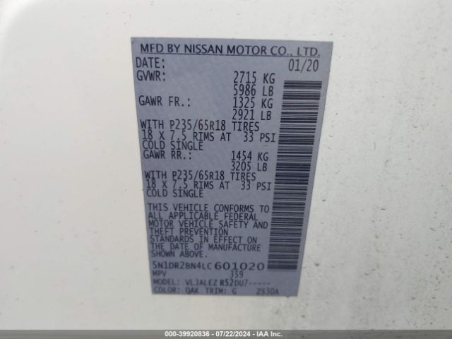5N1DR2BN4LC601020 Nissan Pathfinder Sv 2wd