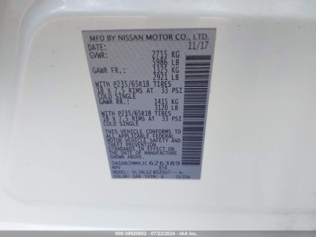 5N1DR2MMXJC626389 Nissan Pathfinder Sl