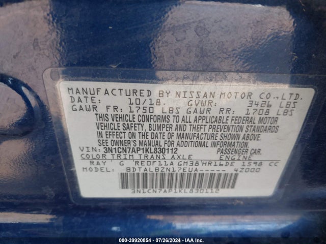 Nissan Versa 1.6 Sv 2019 3N1CN7AP1KL830112 Image 9