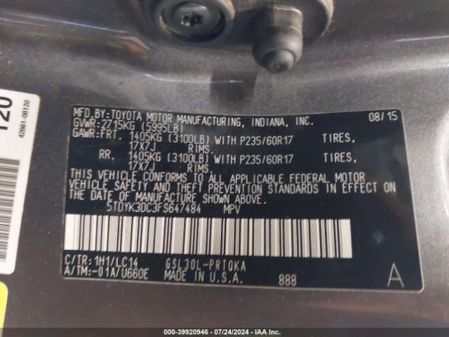 5TDYK3DC3FS647484 Toyota Sienna Xle 8 Passenger