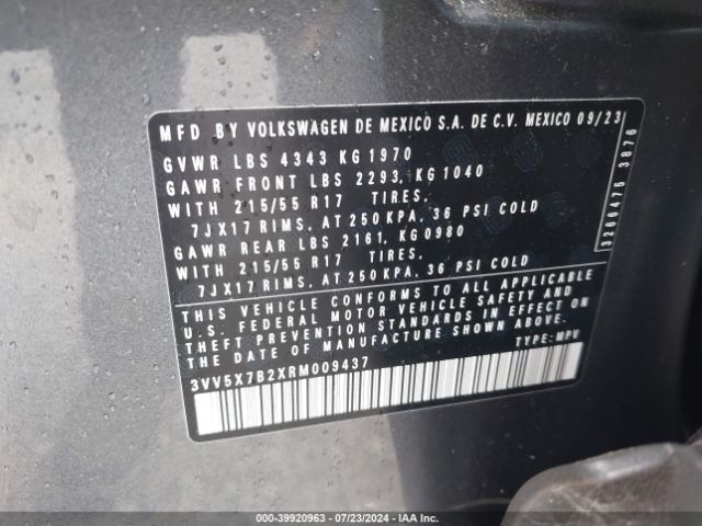 3VV5X7B2XRM009437 Volkswagen Taos 1.5t S