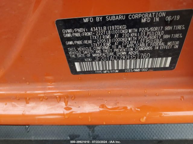 JF2GTACC2KH351760 Subaru Crosstrek 2.0i Premium