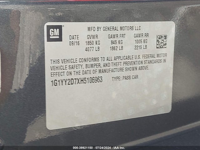 2017 Chevrolet Corvette Grand Sport მანქანა იყიდება აუქციონზე, vin: 1G1YY2D7XH5106963, აუქციონის ნომერი: 39921150