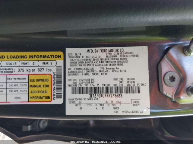 3FA6P0RU7KR273683 Ford Fusion Hybrid Titanium