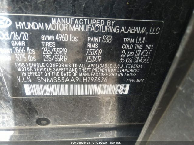 5NMS53AA9LH297826 Hyundai Santa Fe Limited 2.0t
