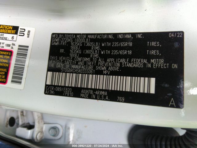 5TDGBRCH5NS555061 Toyota Highlander Hybrid Xle
