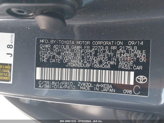 Toyota Prius Three 2015 JTDKN3DU8F1884068 Image 9
