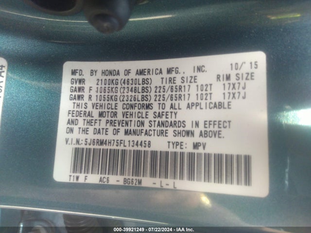 Honda Cr-v Ex-l 2015 5J6RM4H75FL134458 Image 9