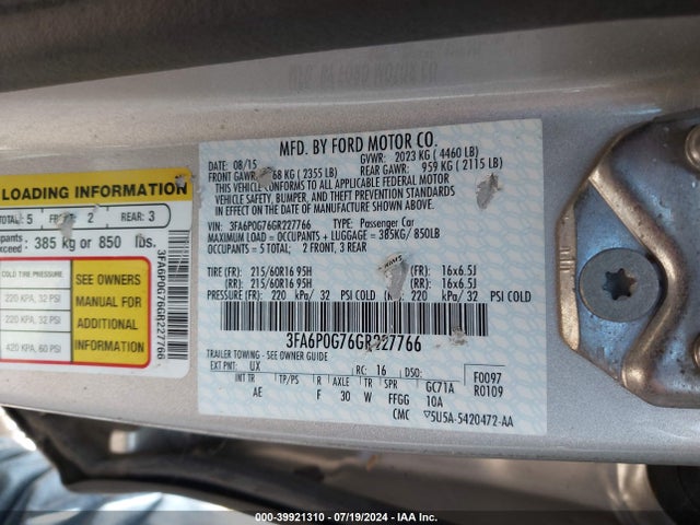 Ford FUSION S 2016 3FA6P0G76GR227766 Image 9