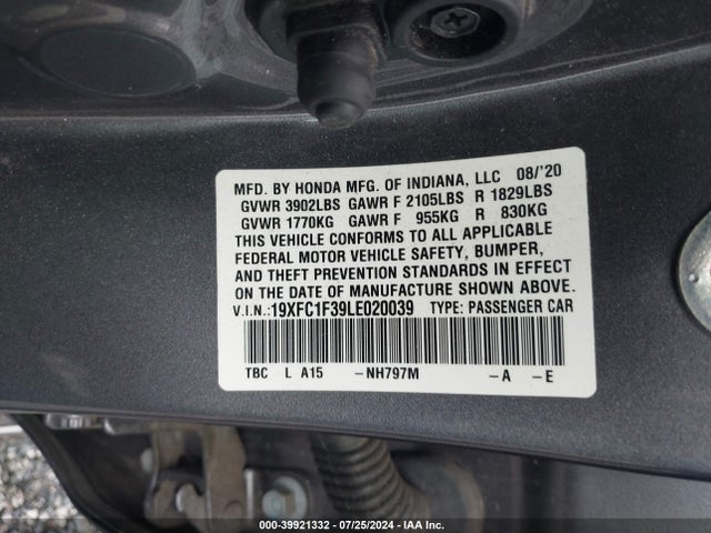 Honda CIVIC EX 2020 19XFC1F39LE020039 Image 9