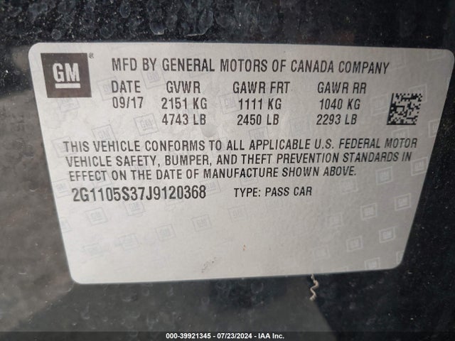 Chevrolet IMPALA 1LT 2018 2G1105S37J9120368 Image 9