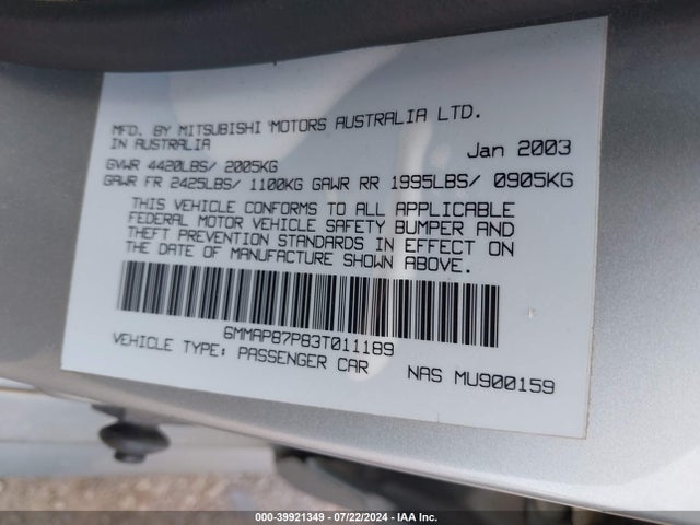 2003 MITSUBISHI DIAMANTE 6MMAP87P83T011189 Photo 8
