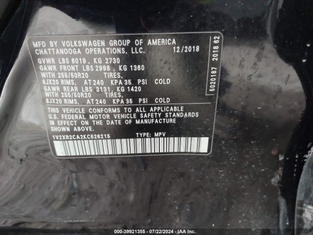 1V2XR2CA2KC526215 Volkswagen Atlas 3.6l V6 Se W/technology R-line