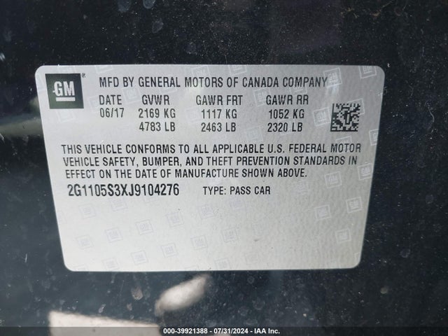 Chevrolet IMPALA 1LT 2018 2G1105S3XJ9104276 Image 9