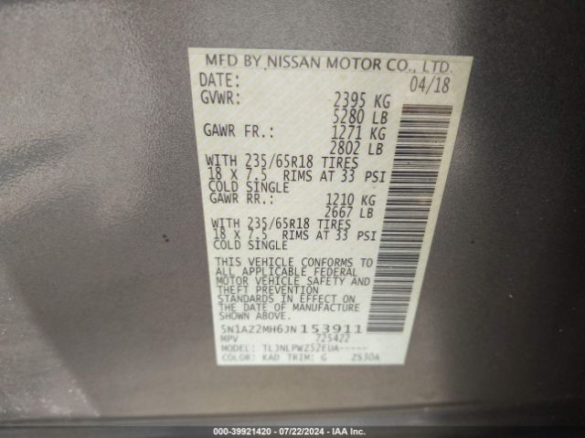 5N1AZ2MH6JN153911 Nissan MURANO S