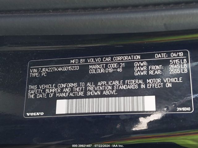7JRA22TK4KG015233 Volvo S60 T6 Momentum