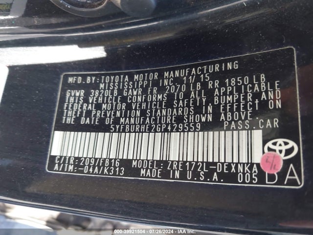 Toyota COROLLA LE 2016 5YFBURHE2GP429559 Image 9