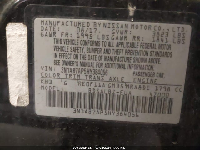Nissan SENTRA S 2017 3N1AB7AP5HY384056 Image 9