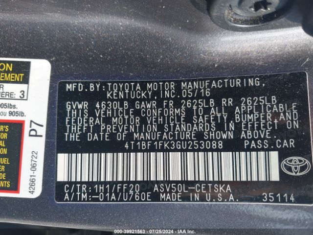 4T1BF1FK3GU253088 Toyota CAMRY SE