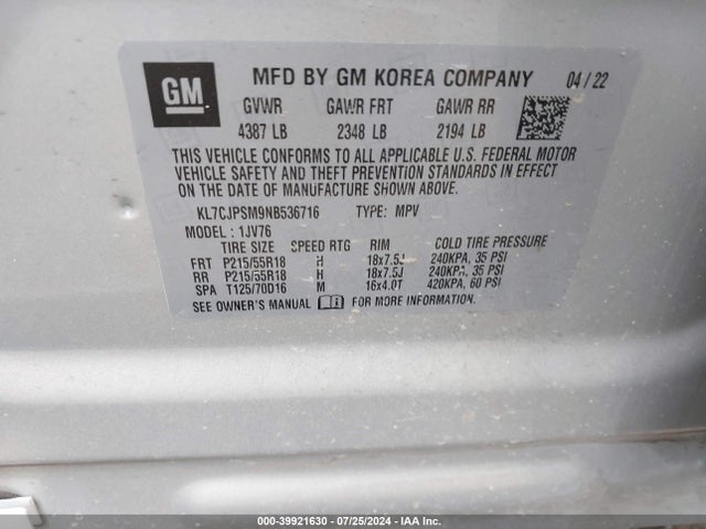 Chevrolet Trax Awd Lt 2022 KL7CJPSM9NB536716 Image 9