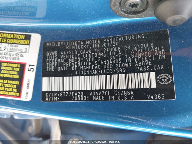 Toyota CAMRY LE 2020 4T1C11AK7LU337595 Image 9