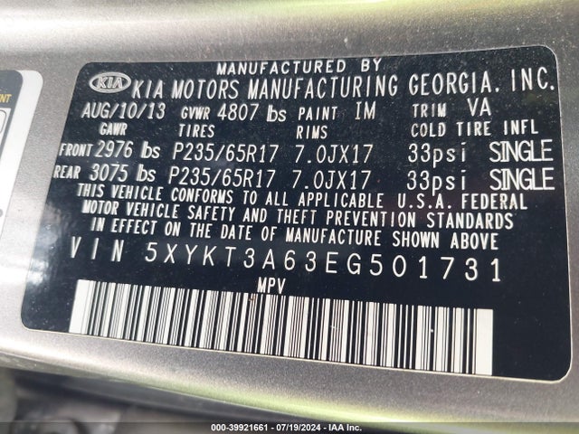 KIA SORENTO LX 2014 5XYKT3A63EG501731 Image 9