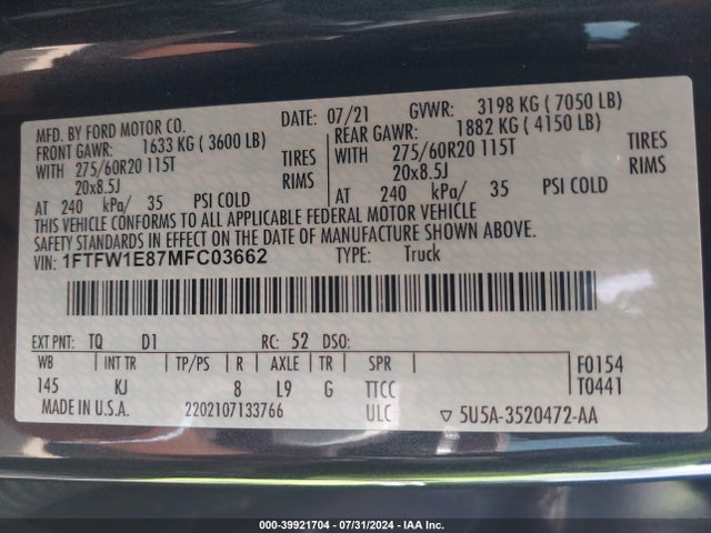 1FTFW1E87MFC03662 Ford F-150 King Ranch