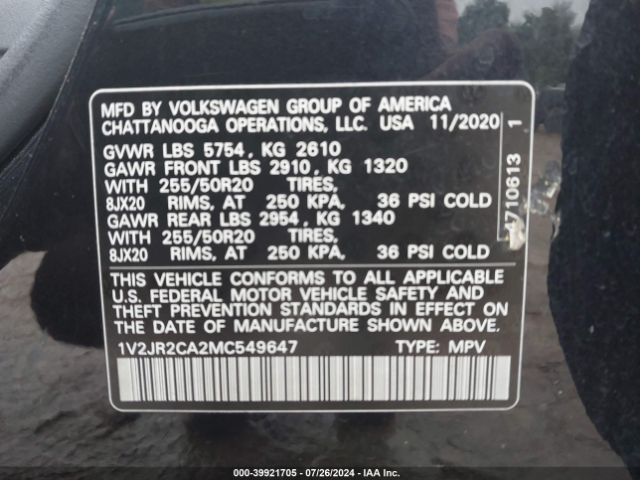 1V2JR2CA2MC549647 Volkswagen Atlas 3.6l V6 Se W/technology