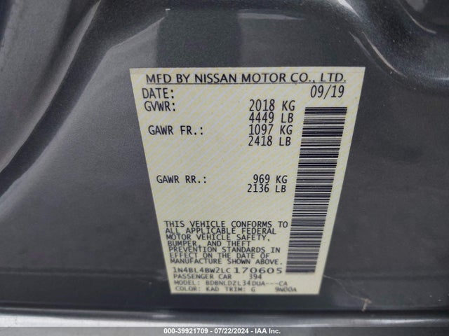 1N4BL4BW2LC170605 Nissan Altima S Intelligent Awd