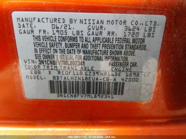 3N1CN8FV7ML892341 Nissan Versa Sr Xtronic Cvt