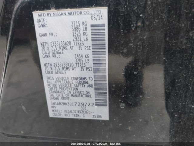 5N1AR2MN3EC729722 Nissan Pathfinder Platinum/s/sl/sv
