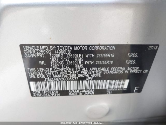 JTMDJREV2GD052787 Toyota Rav4 Hybrid Limited