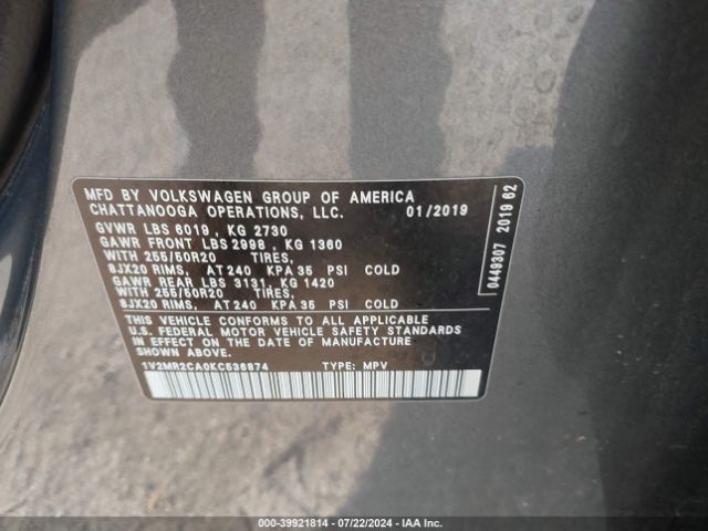1V2MR2CA0KC536874 Volkswagen Atlas 3.6l V6 Sel